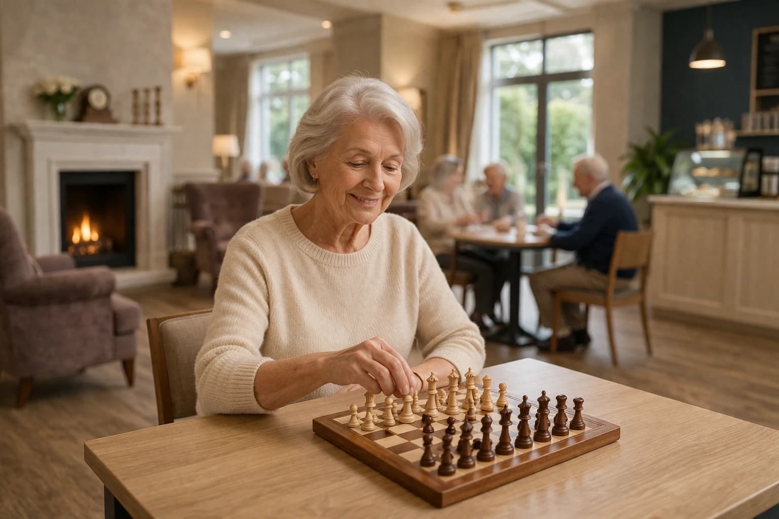 Elderly woman playing chess